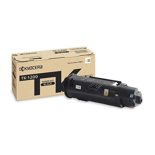 black TK-1200 toner next to box on a white background